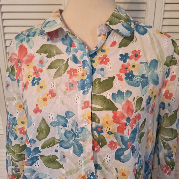 Alfred dunner floral eyelet cotton button down top sz 14 - Picture 5 of 8